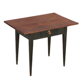 NINETEENTH CENTURY COUNTRY WORK TABLE WITH GREEN PAINTED BASE AND A SINGLE DRAWER.