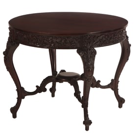 RELIEF CARVED MAHOGANY LATE VICTORIAN CENTER TABLE WITH STRETCHER BASE.