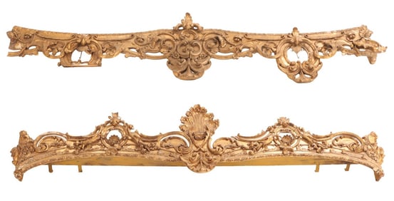 TWO EXTRA LARGE VICTORIAN GILTWOOD AND GESSO VALENCES. ONE BEING UPSIDE DOWN.
