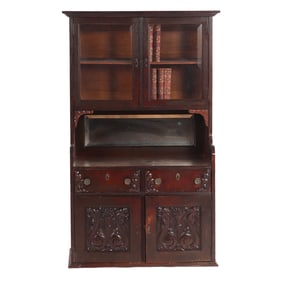 AMERICAN VICTORIAN OAK CUPBOARD HAVING TWO BEVELED GLASS DOORS OVER BEVELED MIRROR CENTER OVER TWO