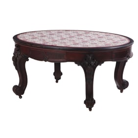 OVAL VICTORIAN WALNUT PARTNERS DESK HAVING FOUR DRAWERS, CABRIOLE LEGS AND A FABRIC WRITING