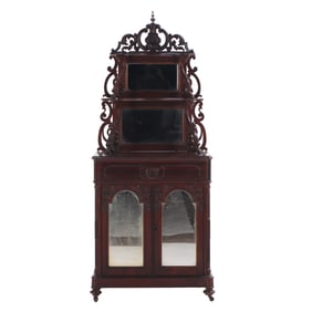 VICTORIAN ROSEWOOD PARLOR CABINET WITH TWO MIRRORED DOORS OPENING TO A MAPLE INTERIOR AND AN