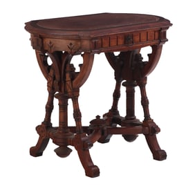 CARVED WALNUT EASTLAKE STYLE VICTORIAN PARLOR TABLE HAVING INCISED CARVING AND A SINNGLE DRAWER