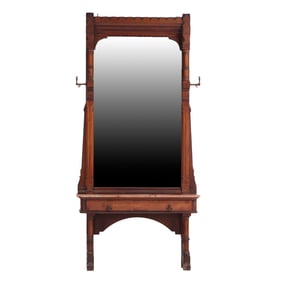 AMERICAN WALNUT MODERN GOTHIC STYLE PIER MIRROR ON STAND HAVING A ROSE MARBLE ( BROKEN) AND A SINGLE