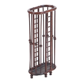 VICTORIAN OAK STICK AND BALL UMBRELLA STAND WITH METAL DRIP PAN C 1895.