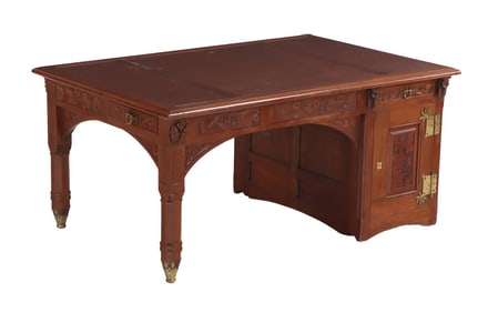 CARVED WALNUT SINGLE PEDESTAL PARTNERS DESK C 1800. LOCKS MARKED SHANNON, PHILA.