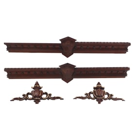 TWO WALNUT AND BURL WALNUT WINDOW VALENCES ALONG WITH TWO WALNUT AND GILT CRESTS ALL C 1870.