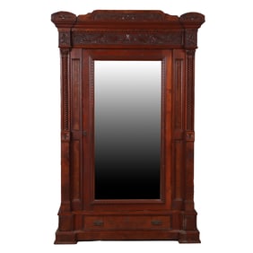 LARGE SINGLE MIRRORED DOOR EASTLAKE STYLE WALNUT AND BURL ARMOIRE C 1880 HAVING TWISTED COLUMNS AND