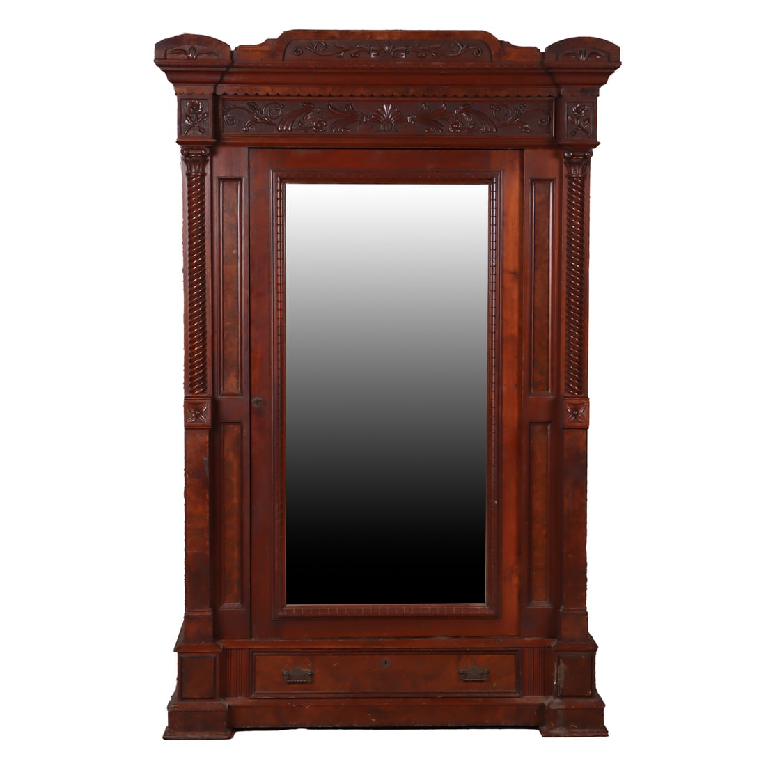 LARGE SINGLE MIRRORED DOOR EASTLAKE STYLE WALNUT AND BURL ARMOIRE C 1880 HAVING TWISTED COLUMNS AND (1 of 5)