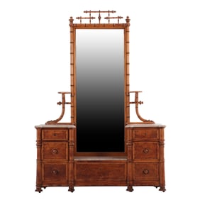 AMERICAN FAUX BAMBOO BIRDSEYE MAPLE DROP CENTER DRESSER HAVING SIX DRAWERS AND MARBLE TOPS C 1880.