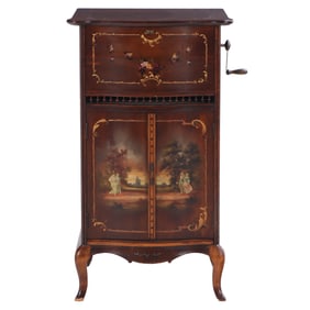 DOUBLE COMB REGINA UPRIGHT  MUSIC BOX IN A VERNIS MARTIN DECORATED CASE CONTAINING 23 15.5 DISCS.