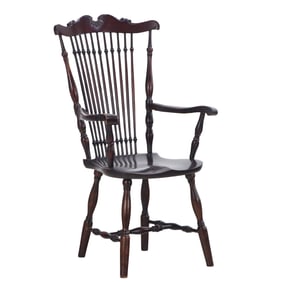 CARVED MAHOGANY WINDSOR STYLE ARM CHAIR C 1900.