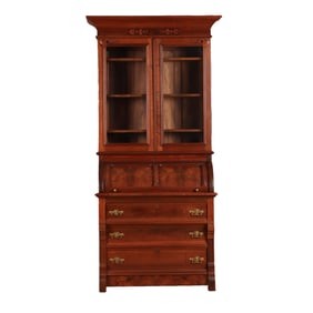 TWO PART AMERICAN VICTORIAN WALNUT CYLINDER ROLL SECRETARY DESK C 1875.
