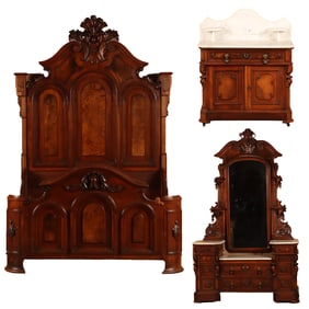 THREE PIECE AMERICAN VICTORIAN WALNUT AND BURL BEDROOM SET COMPRISED OF A FULL SIZE BED, MIRRORED