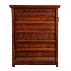 QUALITY WALNUT AND BURL WALNUT AMERICAN VICTORIAN SIDELOCK CHEST OF DRAWERS C 1880.