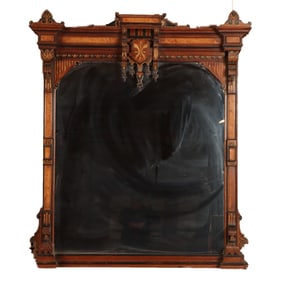 HIGH STYLE VICTORIAN WALNUT AND MAPLE OVERMANTEL MIRROR HAVING GILT AND EBONIZED DETAILS C 1875.