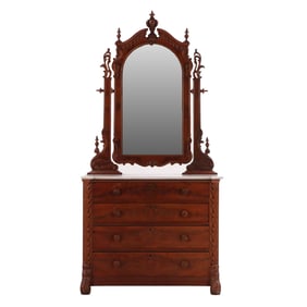 AMERICAN CROTCH MAHOGANY MARBLE TO DRESSER WITH MIRROR C 1850.