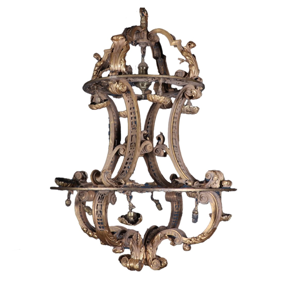 ONE OF TWO HEAVY GILT BRONZE TWELVE LIGHT CHANDELIERS FROM A FOYER OF A MANSION IN RHODE (1 of 8)