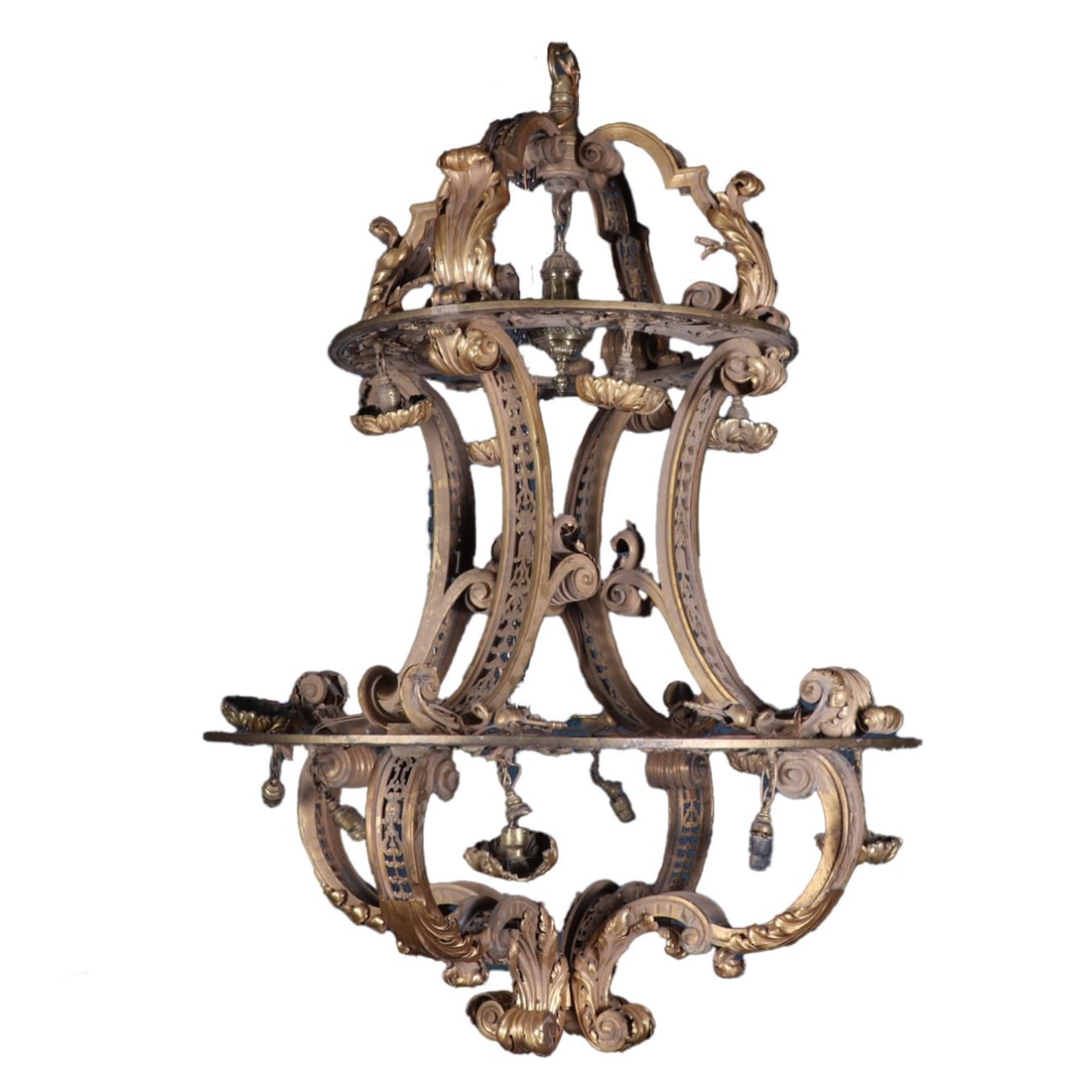ONE OF TWO HEAVY GILT BRONZE TWELVE LIGHT CHANDELIERS FROM A FOYER OF A MANSION IN RHODE (1 of 8)