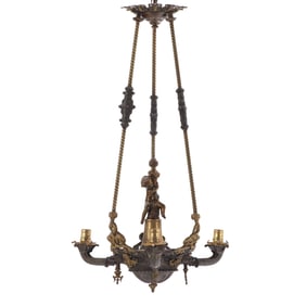 THREE ARM MIXED METAL FIGURAL VICTORIAN GAS LIGHT BY STARR FELLOWS & CO C 1865.