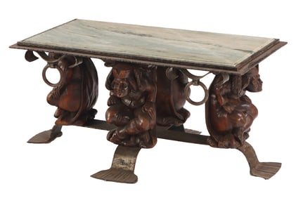 IRON AND MARBLE TOP COFFEE FIGURAL COFFEE TABLE DESIGNED BY JEAN-MAURICE ROTHSCHILD C 1950.