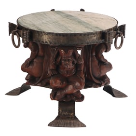A FIGURAL  IRON AND MARBLE TOP TABLE BY JEAN-MAURICE ROTHSCHILD.