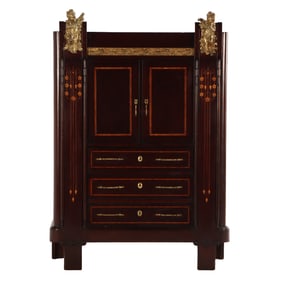 INLAID MAHOGANY GENTLEMAN'S CHEST WITH BRONZEMAN'S ORMOLU C 1920 HAVING TWO DOORS OVER THREE