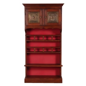OPEN BOOKCASE HAVING TWO DOORS WITH EMBOSSED BRASS PLATES C 1900.