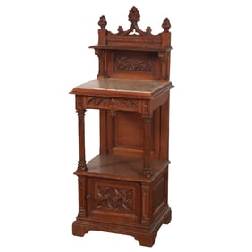GOTHIC REVIVAL MARBLE TOP NIGHTSTAND HAVING A SINGLE DRAWER OVER A PORCELAIN LINED CUPBOARD C