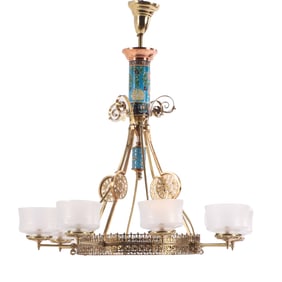 AMERICAN AESTHETIC MOVEMENT BRASS CHANDELIER WITH LONGWY CERAMIC INSERTS AND DECORATED SHADES C