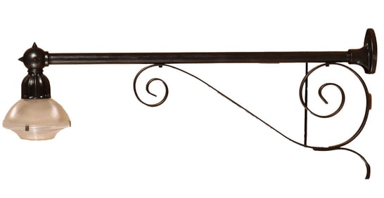 IRON BRACKET LIGHT WITH HALOPHANE SHADE.