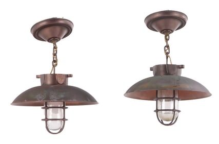 PAIR OF INDUSTRIAL STYLE METAL LIGHTS MARKED URBAN ARCHEOLOGY.