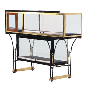 AN UNUSUAL ART NOVEAU STYLE IRON, BRASS, WOOD AND GLASS JEWELRY CASE C 1920.