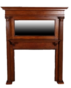 AMERICAN LATE VICTORIAN FIREPLACE MANTEL WITH MIRROR HAVING FLUTED COLUMNS AND IONIC CAPITALS.