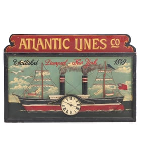 WOOD PAINTED ATLANTIC LINES CO LIVERPOOL NY CO ADVERTISING BOARD WITH CLOCK