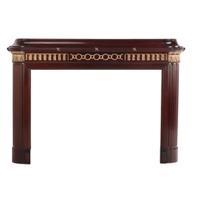 LARGE SCALE FRENCH MAHOGANY BRONZE MOUNTED FIREPLACE MANTLE IN THE REGENCE STYLE C 1920.