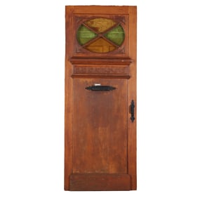 SINGLE OAK DOOR WITH OVAL COLORED GLASS TOP AND IRON MAIL SLOT C 1900.