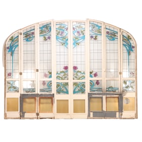 EIGHT PANEL LEADED AND STAINED GLASS ART NOVEAU ROOM DIVIDER OR ENTRY DOORS C 1910.