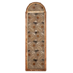 FRENCH ART DECO STAINED AND LEADED GLASS PANEL IN AN IRON ARCHED FRAME C 1930.