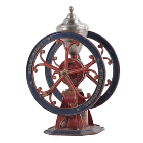 AMERICAN CAST IRON PAINTED COFFEE GRINDER BY STAR MILL, PHILADELPHIA C. 1885