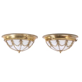 PAIR OF BRONZE AND GLASS NEO-CLASSICAL STYLE CEILING MOUNT LIGHT FIXTURES.