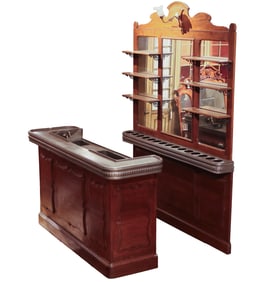 RARE FRENCH OAK AND PEWTER FRONT AND BACK BAR WITH BOTTLE HOLDER C 1900.