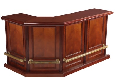 QUALITY MAHOGANY L SHAPED FRONT BAR HAVING BRASS FOOT RAILS AND DOORS ON REVERSE C 1950.