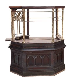 CARVED OAK GOTHIC STYLE PULPIT WITH AESTHETIC MOVEMENT BRASS MOUNTS C 1880 .