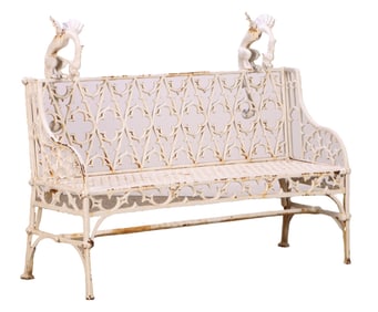 GOTHIC STYLE CAST IRON GARDEN BENCH HAVING WINGED DRAGON MOUNTS.