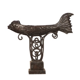 LARGE BRASS PLANTER ON STAND IN THE FORM OF A FISH.