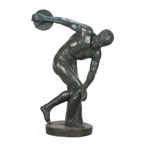 LARGE SCALE BRASS FIGURE OF A DISCUS THROWER HAVING A FAUX BRONZE PATINA.