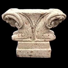 CAST STONE BUILDING ELEMENT OR GARDEN SCULPTURE WITH RAM'S HEADS