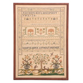 A FRAMED REPRODUCTION OF COLONIAL WILLIAMSBURG NEEDLEWORK SAMPLER "THE CHASE"
