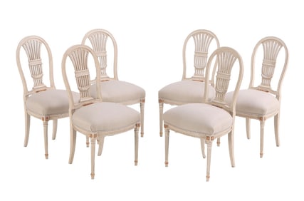 SIX PAINTED CHAIRS ATTRIBUTED TO JANSEN C 1950 HAVING CARVED BACKS AND UPHOLSTERY. THIS MODEL WAS
